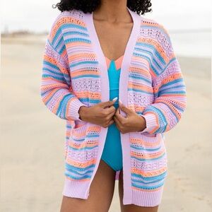 Pink Lily Pastel Striped Crochet Swim Coverup - Lavender, Peach, Aqua